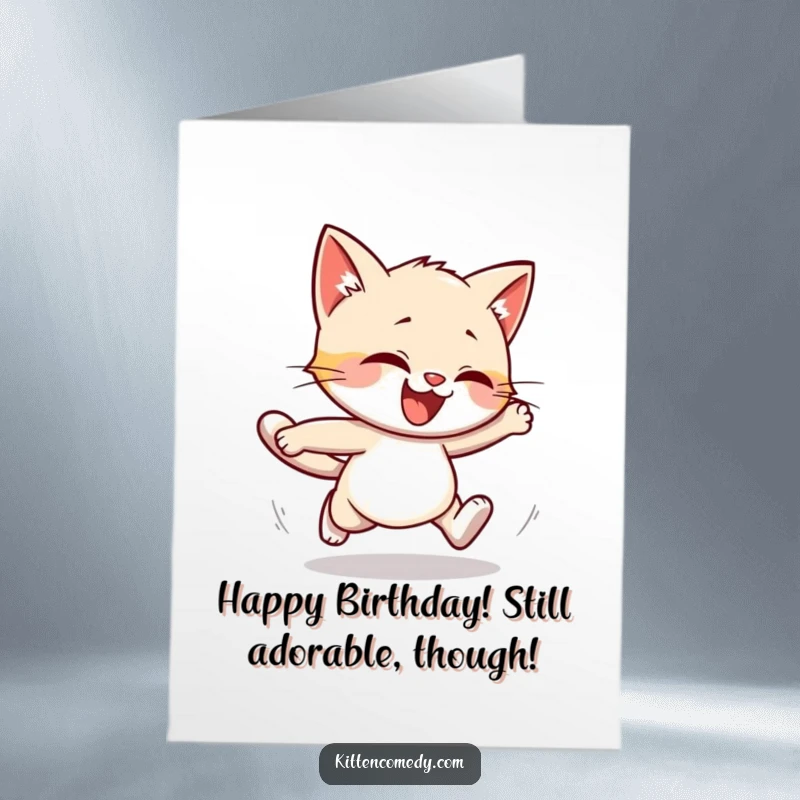 Funny Free Printable Birthday Card showing a kitten hilariously stumbling while running, capturing a moment of pure, comical energy.