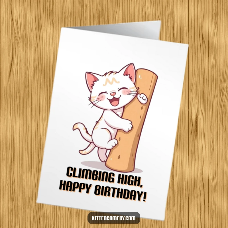 Funny Free Printable Birthday Card: A gleeful kitten joyfully climbs a scratching post, ready to party.