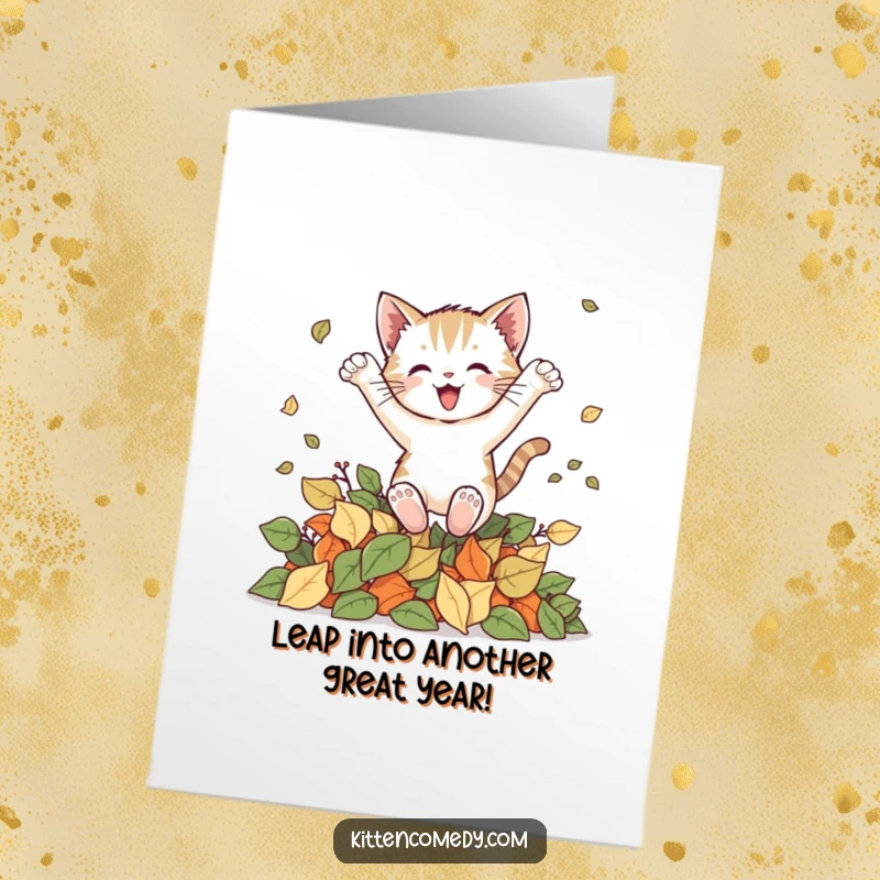 Funny Free Printable Birthday Card: A kitten leaping joyfully into a pile of colorful autumn leaves, celebrating fun.