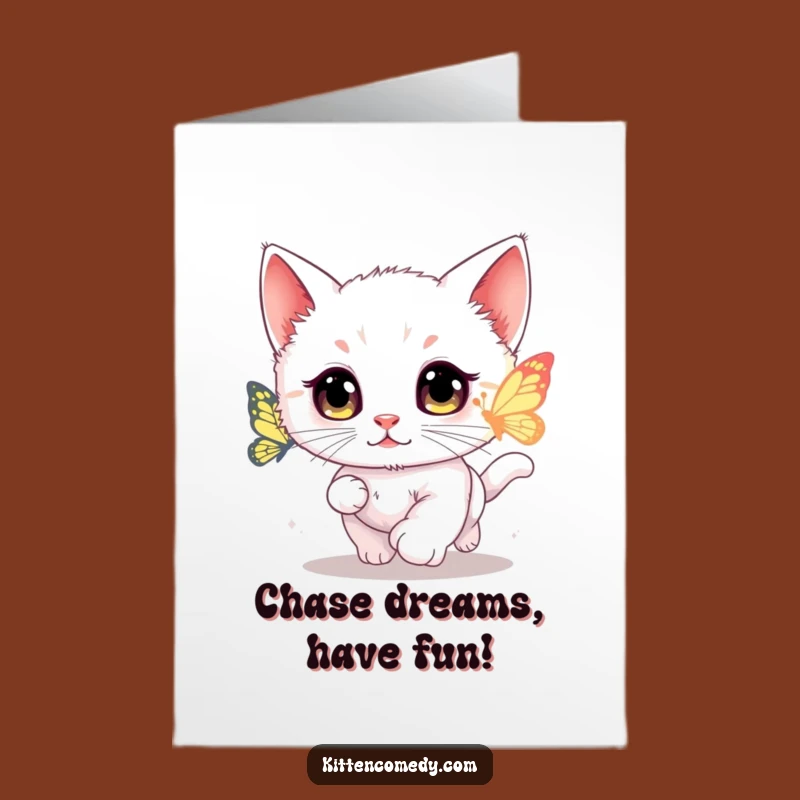 Free Printable Birthday Card: Kawaii Kitten Butterfly Chase - Funny DIY Gift