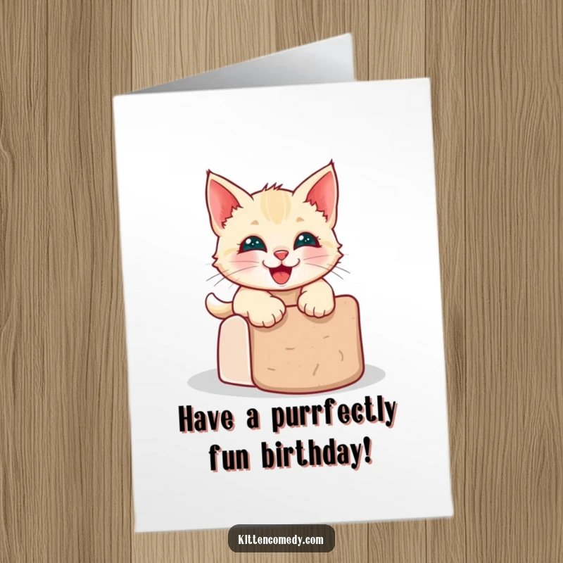 Funny Free Printable Birthday Card: Kawaii kitten gleefully sliding down a scratching post, full of birthday cheer.