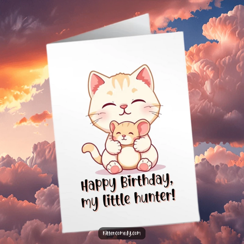 Funny Free Printable Birthday Card featuring a cute kitten offering a tiny toy mouse with a sweet 'meow', full of birthday cheer.
