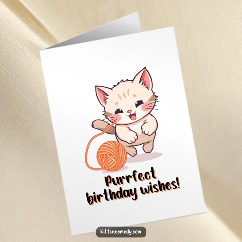 Funny Free Printable Birthday Card: Kawaii kitten leaping joyfully, chasing a colorful bouncing yarn ball with excitement.