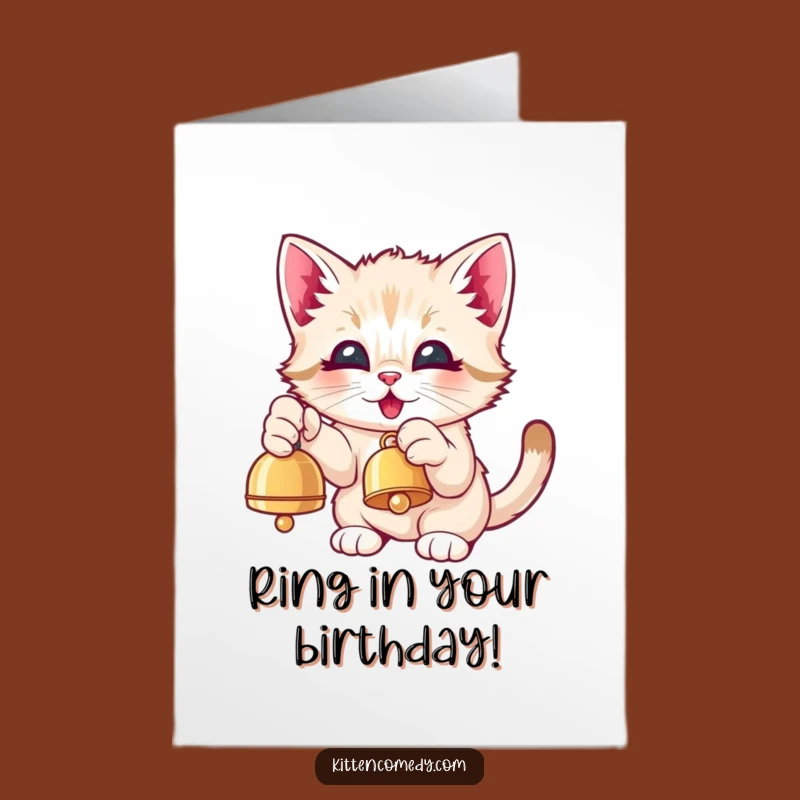 Free Printable Kawaii Kitten Birthday Card: Funny Bell Pawing Kitten Downloadable Gift