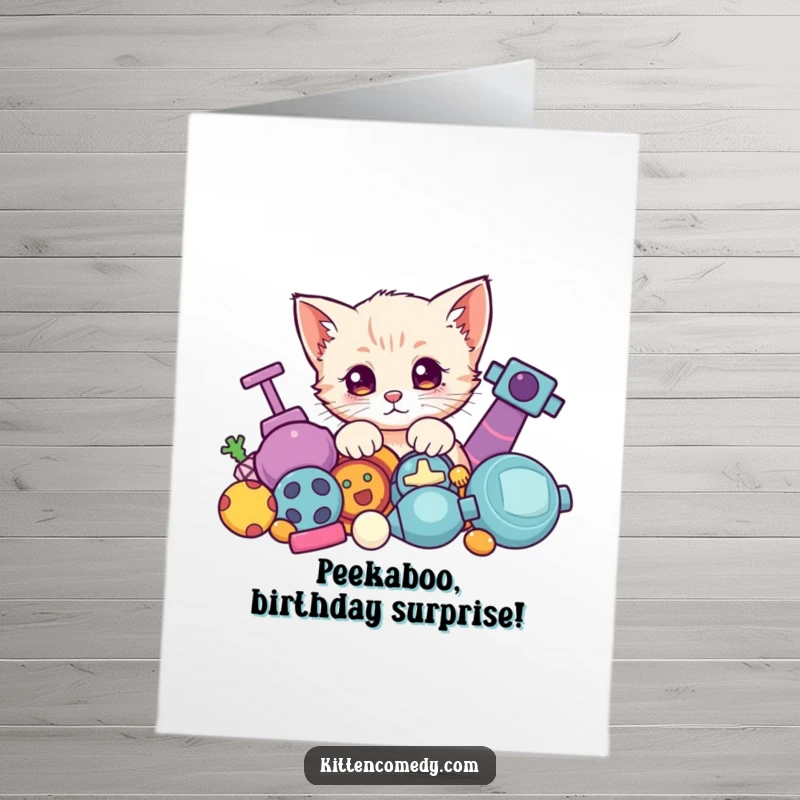 Funny Free Printable Birthday Card: A curious Kawaii kitten peeking from behind a mountain of colorful toys, eyes wide with wonder.