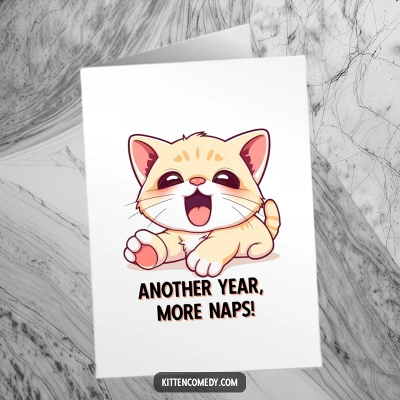 Funny Free Printable birthday card showing a kawaii kitten stretching with a huge, happy yawn and eyes closed in pure bliss.