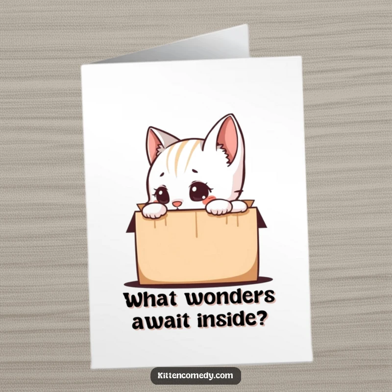 Funny Free Printable Birthday Card featuring a curious kitten peeking into an exciting gift box, perfect for cat lovers.