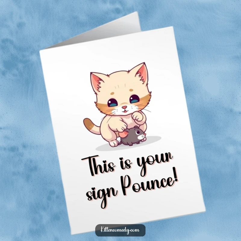 Funny Free Printable Birthday Card: A kitten ready to pounce on a toy mouse, spreading birthday cheer with playful energy.