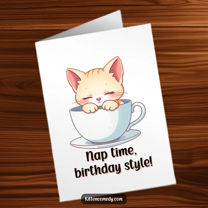 Funny Free Printable Kitten Birthday Card: A content kitten happily napping inside a giant, oversized teacup, dreaming sweet dreams.