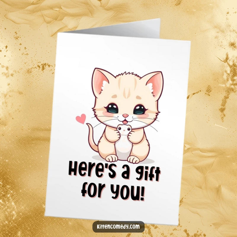 Funny Free Printable Birthday Card: A cute kitten offers a tiny toy mouse with a gentle purr, a gift of downloadable birthday joy.