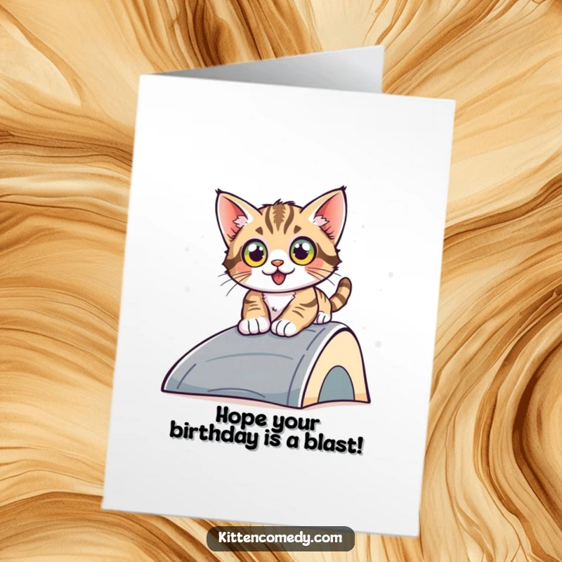 Funny Free Printable Birthday Card: Kitten with wide eyes sliding rapidly down a ramp, full of surprise and joy.