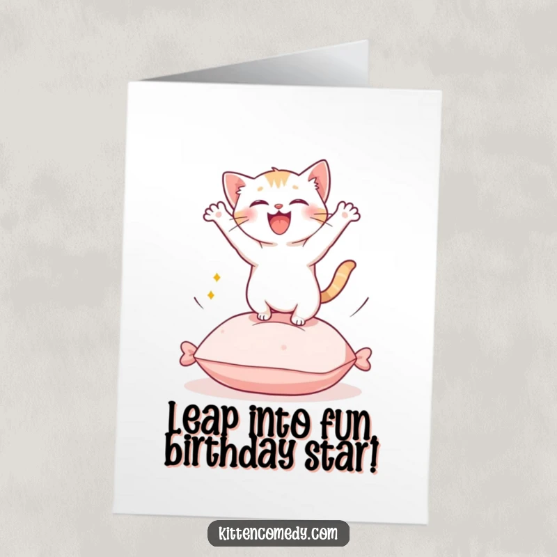Funny Free Printable Birthday Card: A Kawaii kitten joyfully leaping off a cushion with pure, unadulterated glee. So much energy!