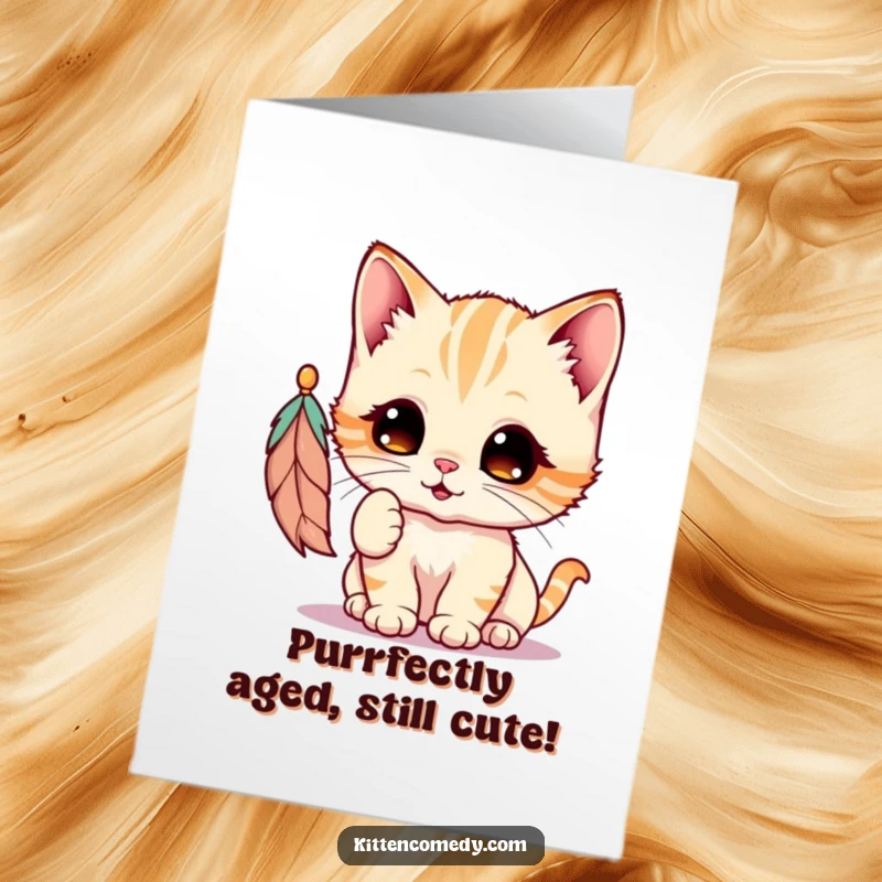 Funny Free Printable birthday card with a kawaii kitten batting eagerly at a dangling feather, eyes wide with playful mischief.