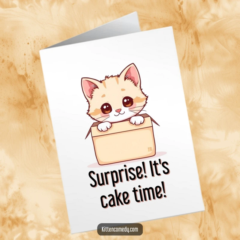 Funny Free Printable Birthday Card: A cute kawaii kitten peeking playfully from a cozy box, wishing a happy birthday.
