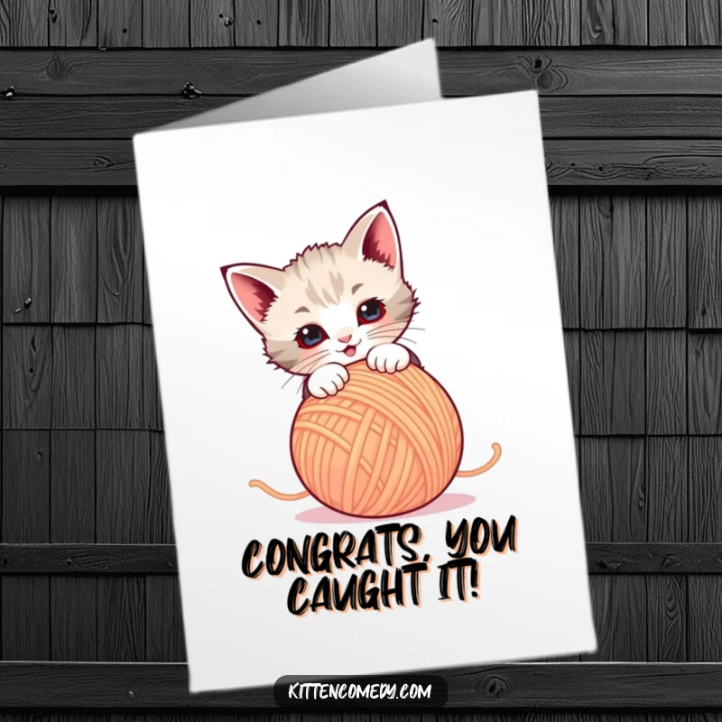 Funny Free Printable Congratulations Card: A cute kitten joyfully pouncing towards a dancing ball of vibrant yarn, ready to celebrate.