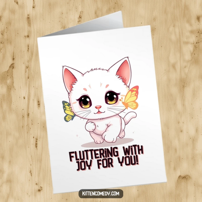 Funny Free Printable Congrats Card: Kawaii kitten with wide, amazed eyes chases a glowing butterfly, symbolizing triumph.