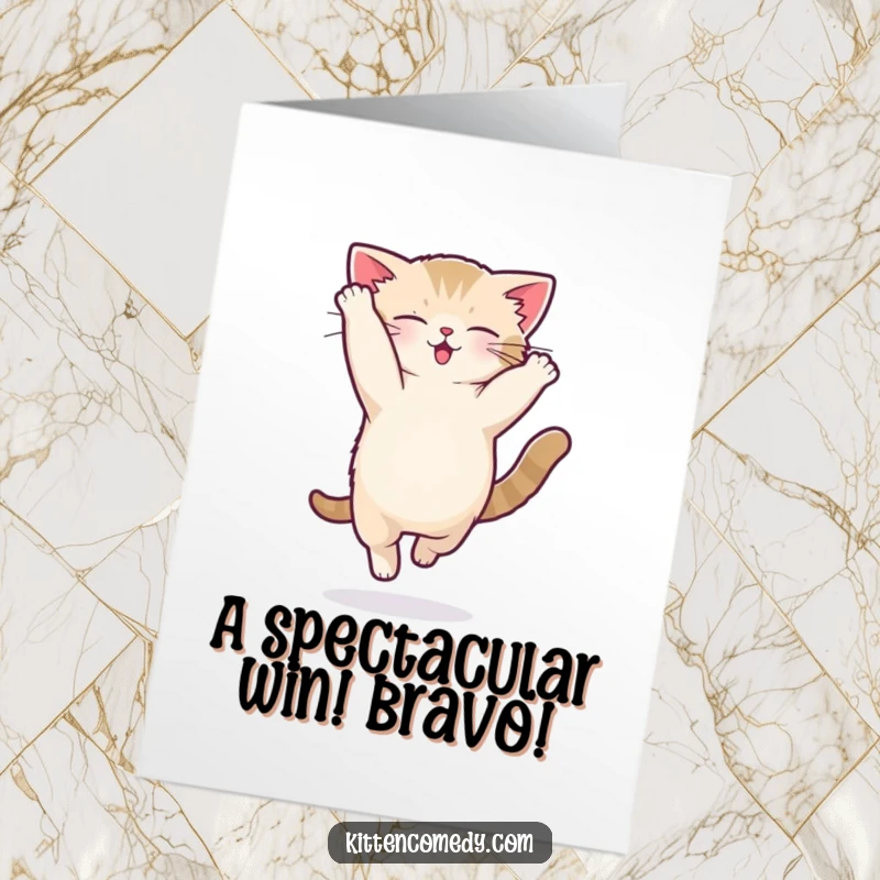 Funny Free Printable Congrats Card: Kawaii kitten executing a silly acrobatic flip, celebrating a great achievement with flair.