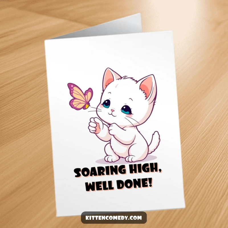 Funny Free Printable congratulations card depicting a kawaii kitten curiously batting with gentle paw swipes at a colorful butterfly.