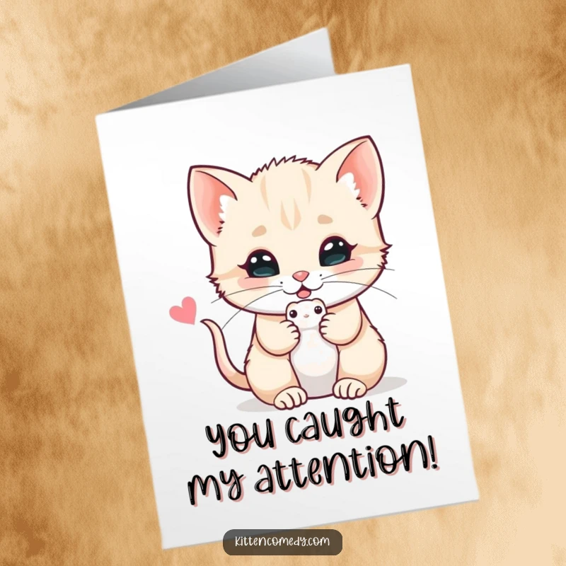 Funny Free Printable Congratulations Card: A kitten sweetly offers a small toy mouse, symbolizing a gift of downloadable celebratory joy.