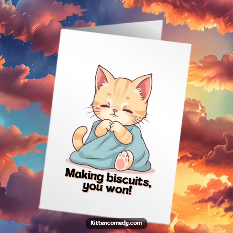 Funny Free Printable Congratulations Card: A kitten happily kneads soft fabric, expressing contentment for your achievement.
