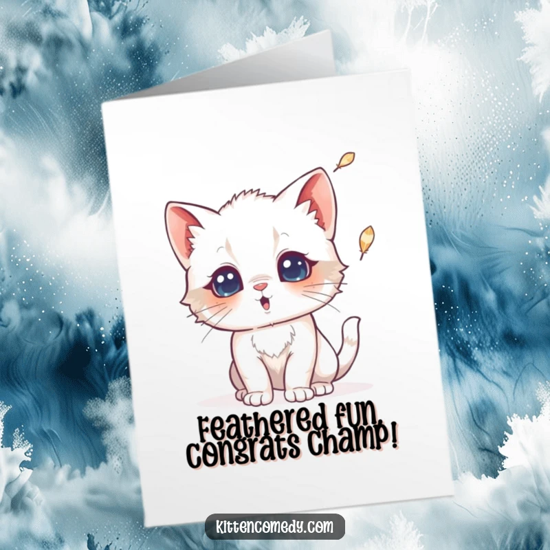 Funny Free Printable Congratulations Card: A kitten shows wide-eyed surprise at a falling feather, celebrating your news.