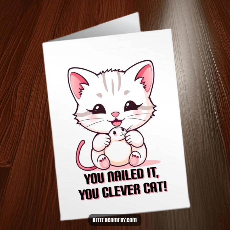 Funny Free Printable Congratulations Card: Kawaii kitten offering a mouse toy with a happy meow.
