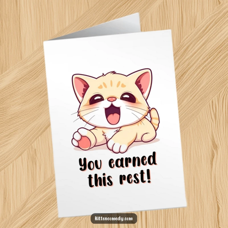 Free Printable congratulations card featuring a kawaii kitten stretching in a big, contented yawn, symbolizing earned relaxation.