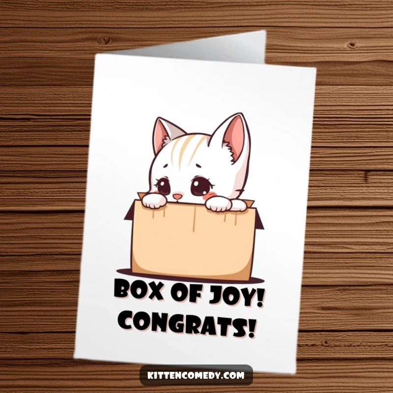 Funny Free Printable Congratulations Card: A curious kitten eagerly inspects a mysterious box, symbolizing exciting new beginnings.