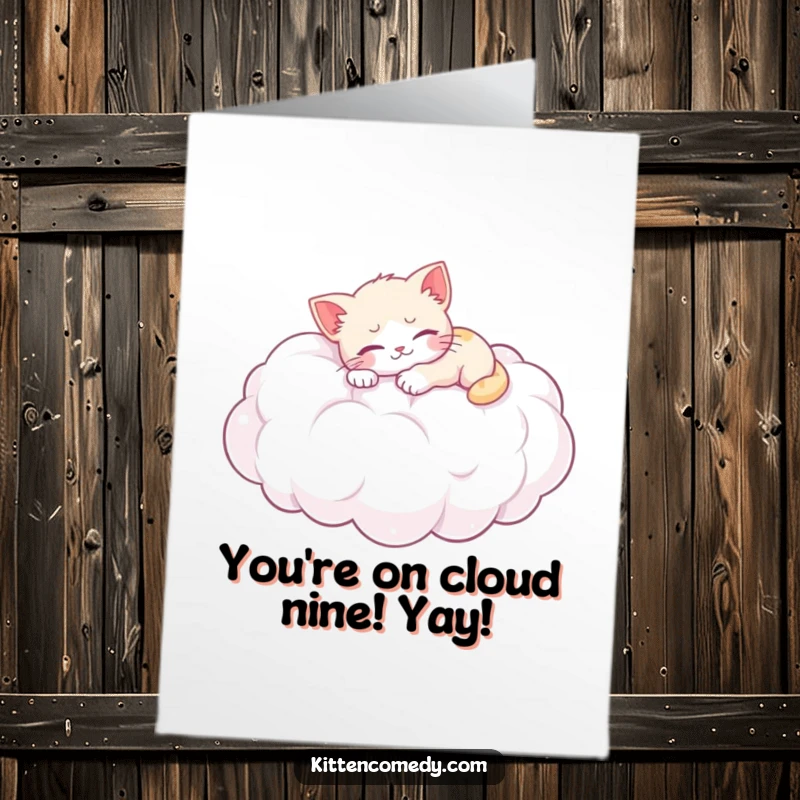 Funny Free Printable Kitten Congratulations Card: A kitten naps on a cloud, symbolizing peaceful success. Gentle downloadable gift.