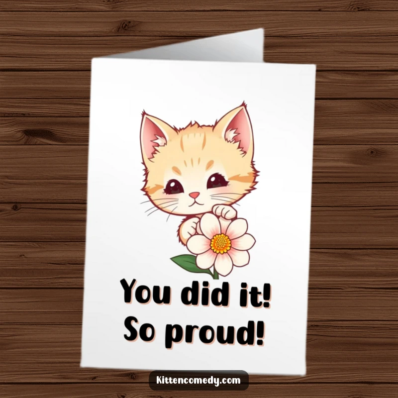 Funny Free Printable Congratulations Card: Adorable kitten peeking from flower, joyful surprise, downloadable greeting.