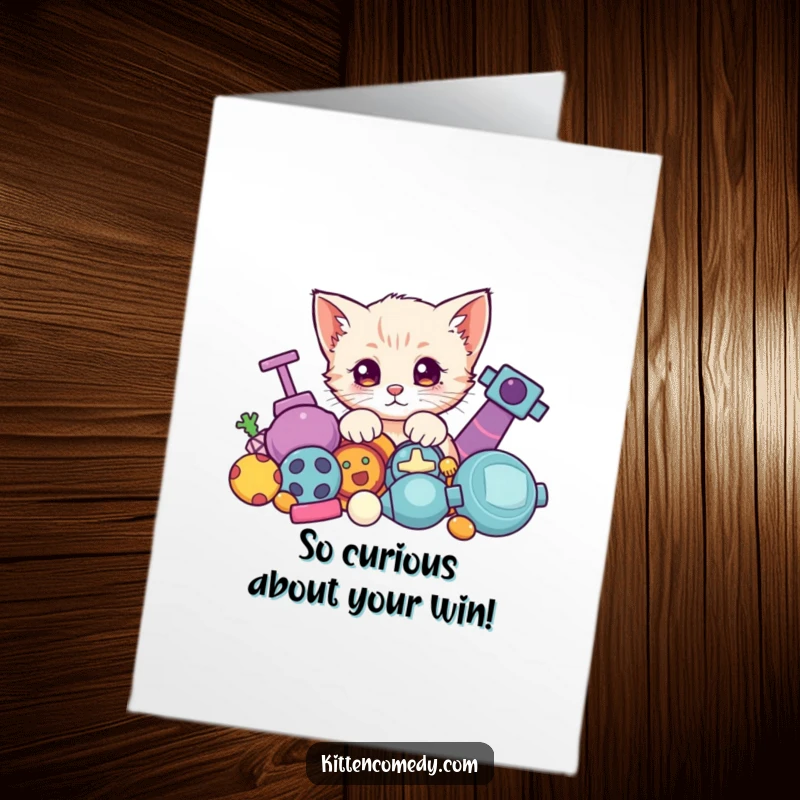 Funny Free Printable Congratulations Card: A curious Kawaii kitten peeking over colorful toys, celebrating a wonderful achievement.