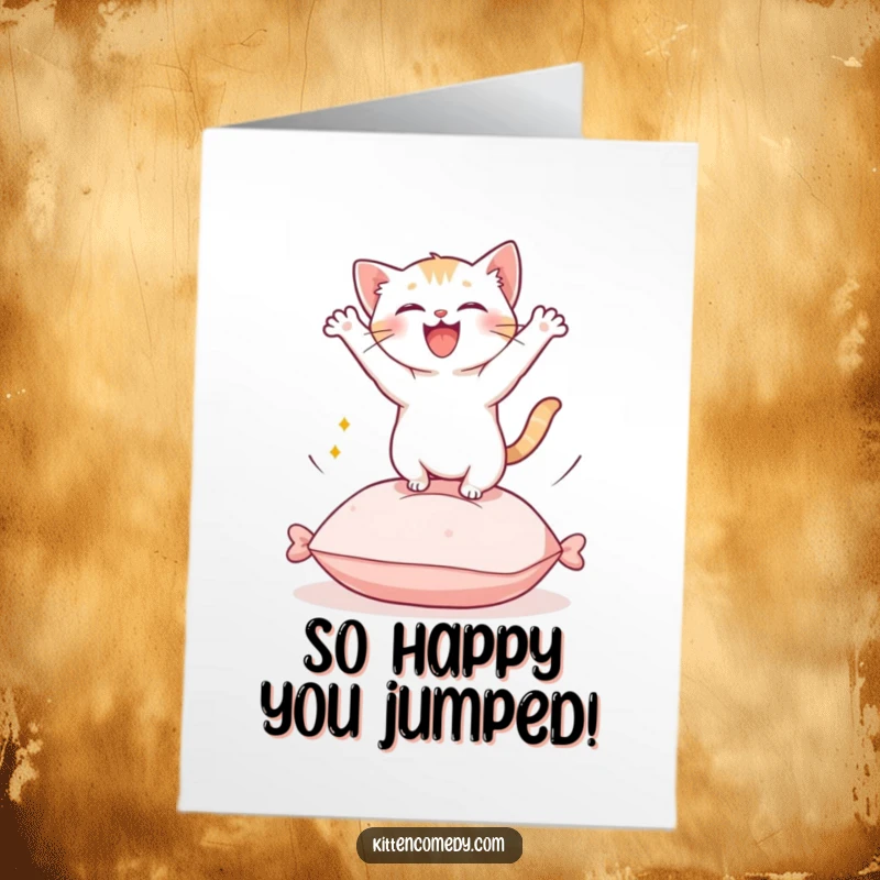 Funny Free Printable Congratulations Card: A Kawaii kitten bounding from a cushion with ecstatic energy, celebrating a big win.