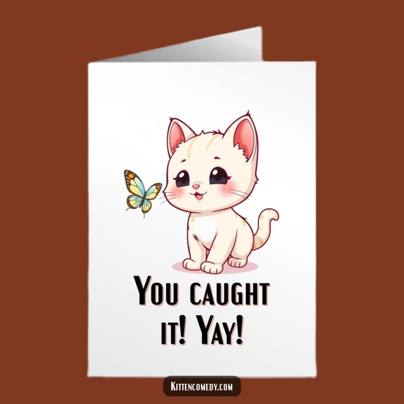 Free Printable Kawaii Kitten Congrats Card: Funny Kitten Butterfly Hugs Gift