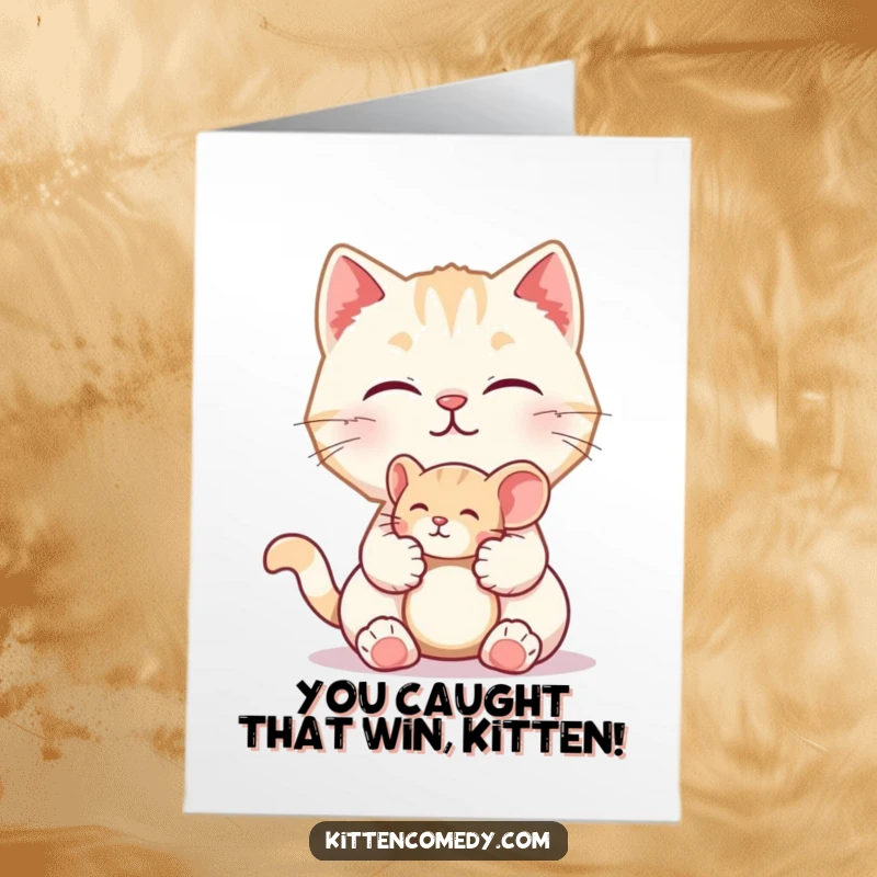Funny Free Printable Congratulations Card with a kitten presenting a toy mouse and emitting a 'meow', signifying joyful congratulations.