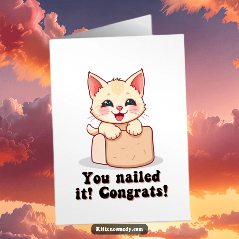 Funny Free Printable Congrats Card: Kawaii kitten with a wide grin slides down a scratching post, celebrating achievement.