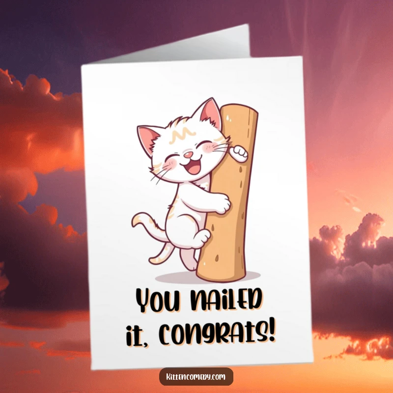 Funny Free Printable Congratulations Card: A gleeful kitten enthusiastically climbs a scratching post to celebrate success.