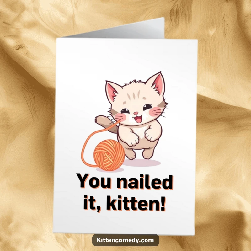 Funny Free Printable Congrats Card: Kawaii kitten playfully pouncing on a bouncing yarn ball with pure delight.