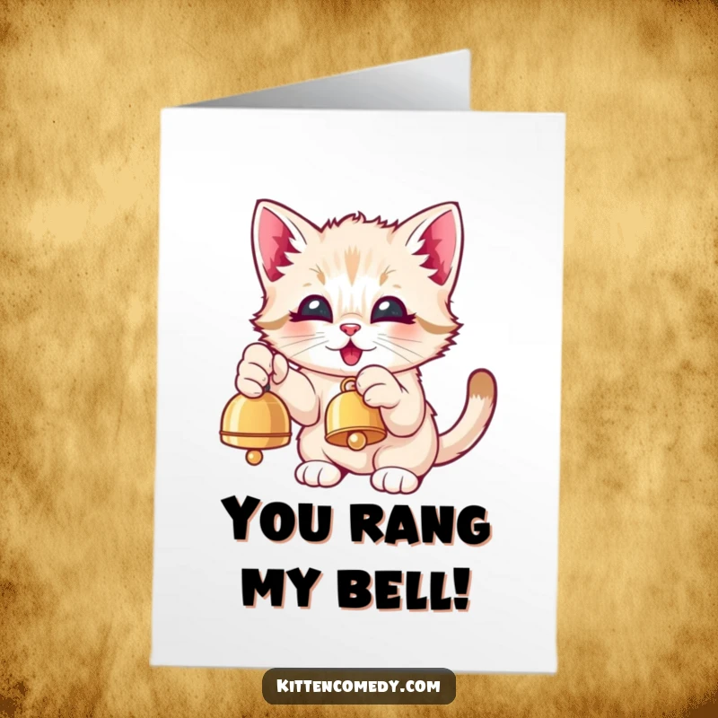 Funny Free Printable Congratulations Card: A Kawaii kitten enthusiastically pawing a bell, radiating pure delight over a success.
