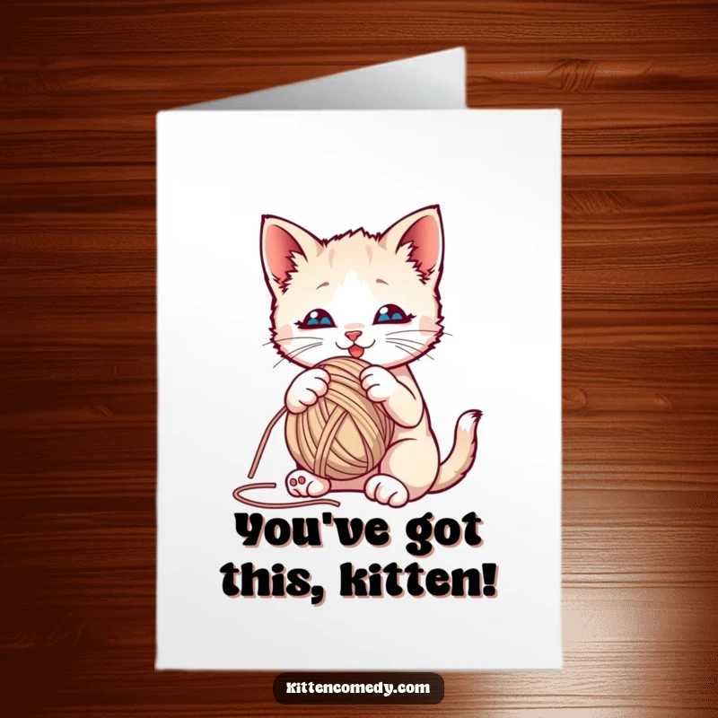 Funny Free Printable Congratulations Card featuring a kitten gleefully playing with a yarn ball, symbolizing fun and new adventures.