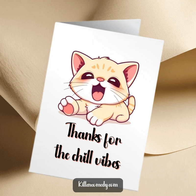 Funny Free Printable thank you card depicting a kawaii kitten in a massive, happy yawn, conveying peaceful gratitude.
