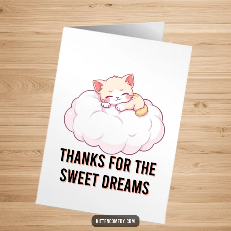 Funny Free Printable Kitten Thank You Card: A kitten naps on a fluffy cloud, conveying thanks. Sweet downloadable gift.