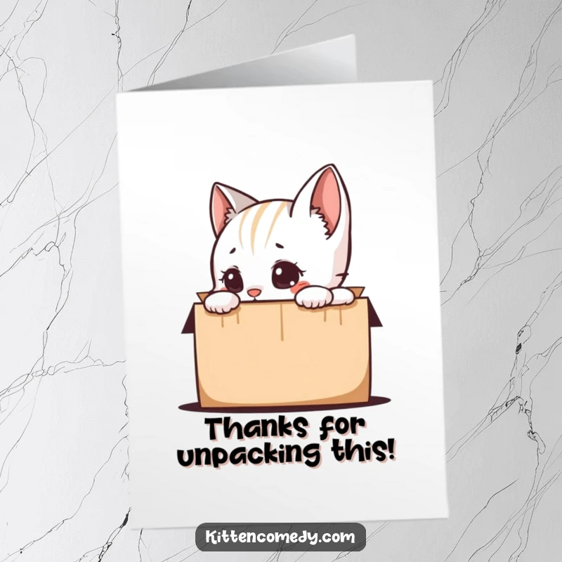 Funny Free Printable Thank You Card: A playful kitten curiously explores a box, conveying thanks with adorable intrigue.