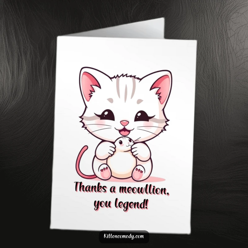 Funny Free Printable Thank You Card: Kawaii kitten offering a mouse toy with a happy meow.