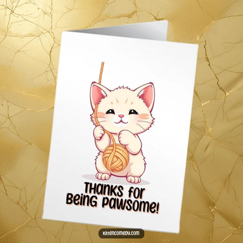 Funny Free Printable Thank You Card: Adorable kawaii kitten tangled in yarn, expressing thanks with a playful twist.