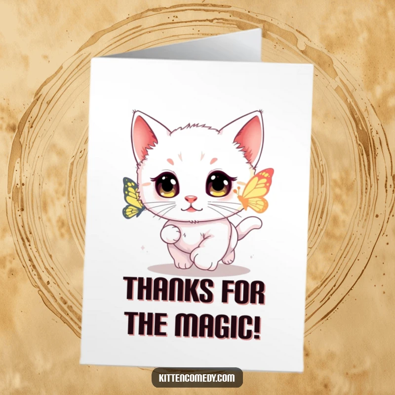 Funny Free Printable Thank You Card: A wide-eyed kawaii kitten playfully chases a glowing butterfly, sending thanks.