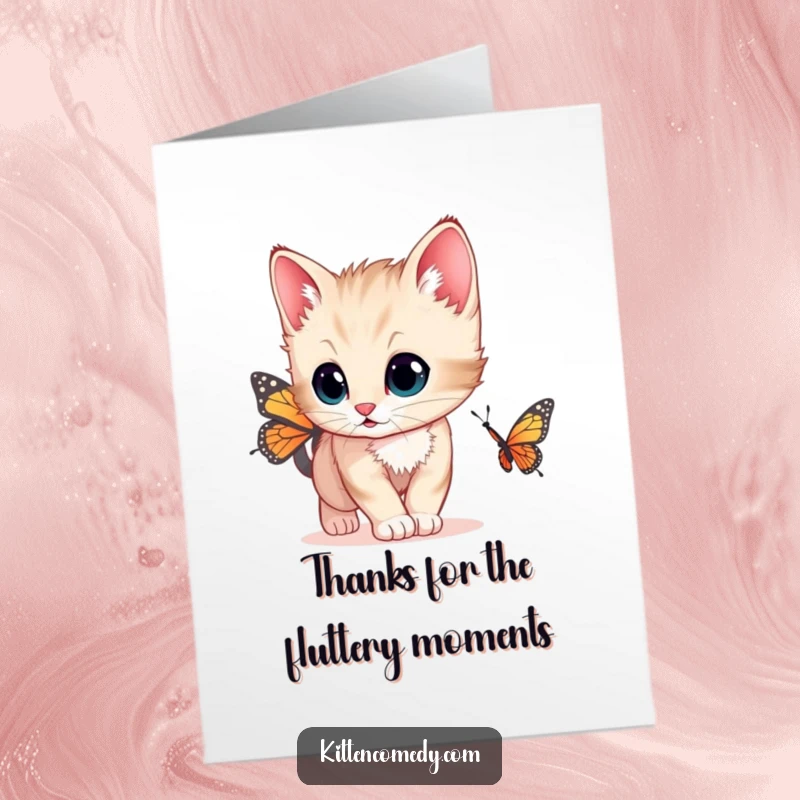 Funny Free Printable Thank You Card with a curious kitten chasing a butterfly, a charming and humorous way to express gratitude.