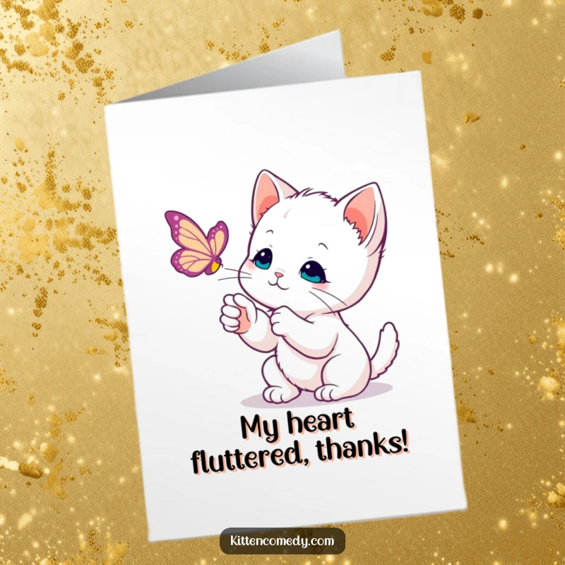 Funny Free Printable thank you card illustrating a kawaii kitten's gentle paw swipes at a butterfly, conveying thanks playfully.
