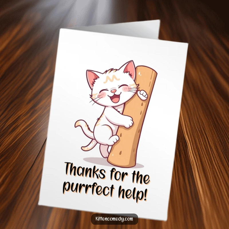 Funny Free Printable Thank You Card: A gleeful kitten climbs a scratching post, expressing thanks with energetic joy.