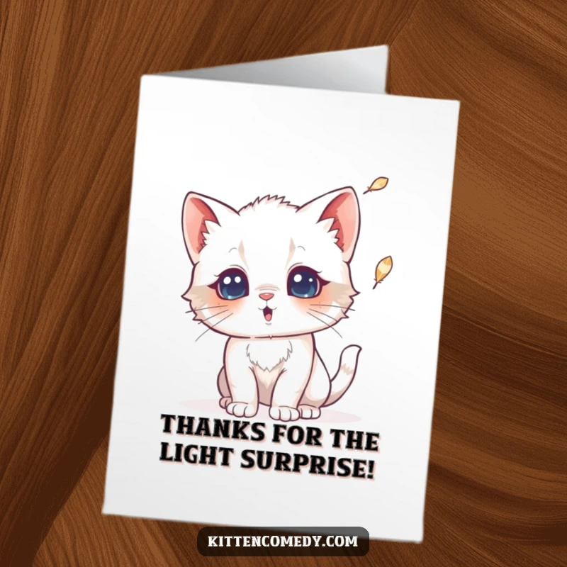 Funny Free Printable Thank You Card: A kitten looks surprised by a falling feather, conveying thanks with humor.
