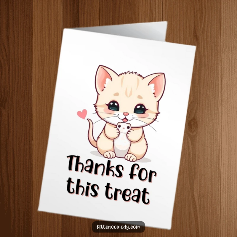 Funny Free Printable Thank You Card: A kitten offers a beloved toy mouse with a purr, conveying thanks with feline charm.